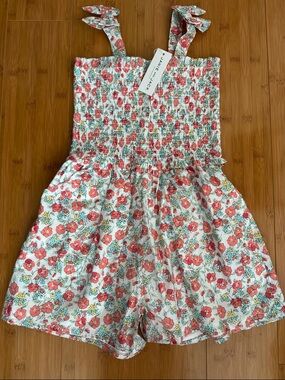 Janie and Jack Coral Floral Smocked Romper with Tie Straps